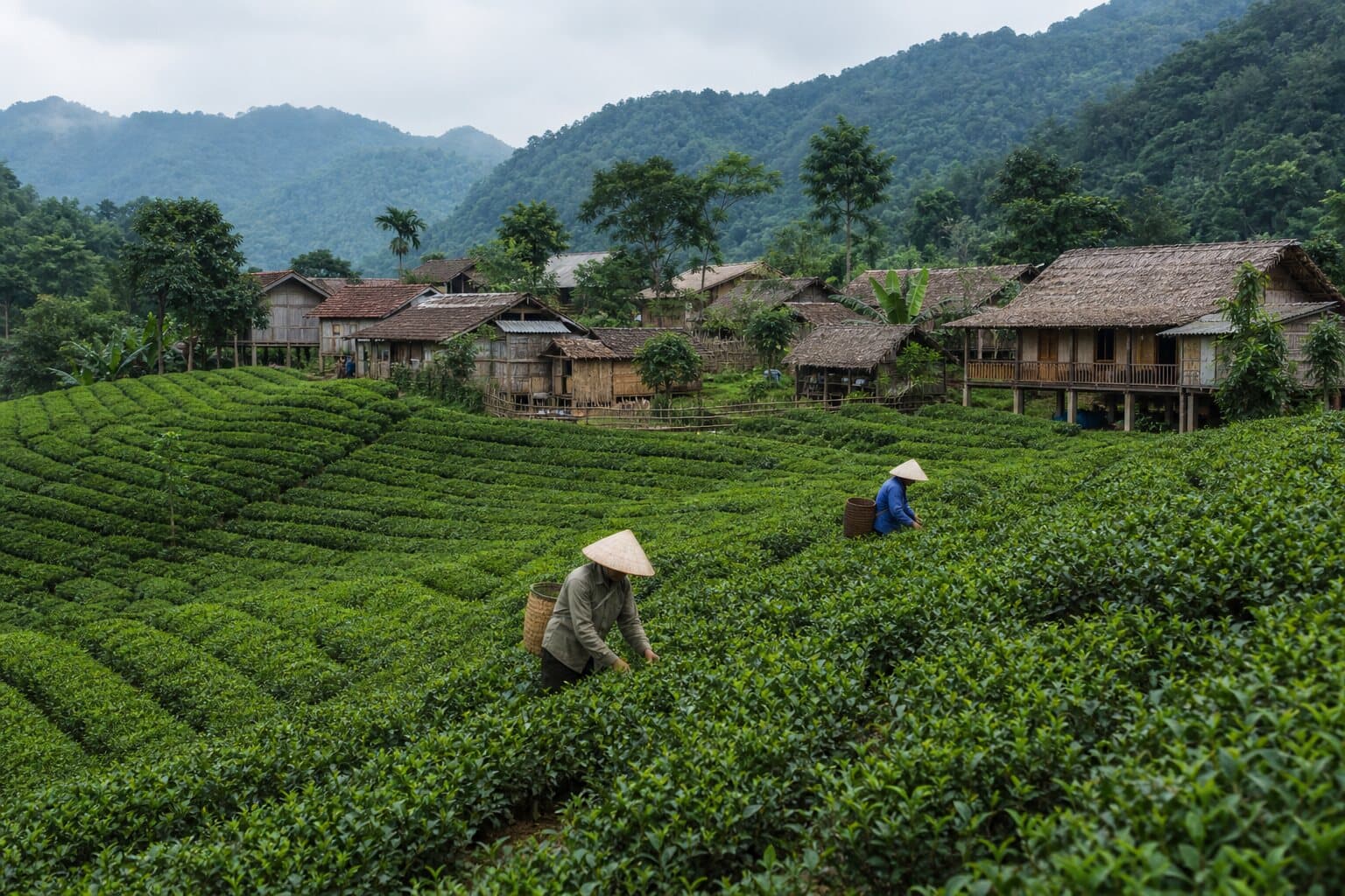 Minh họa đồi chè và nếp nhà trong không gian cộng đồng Bản Ven