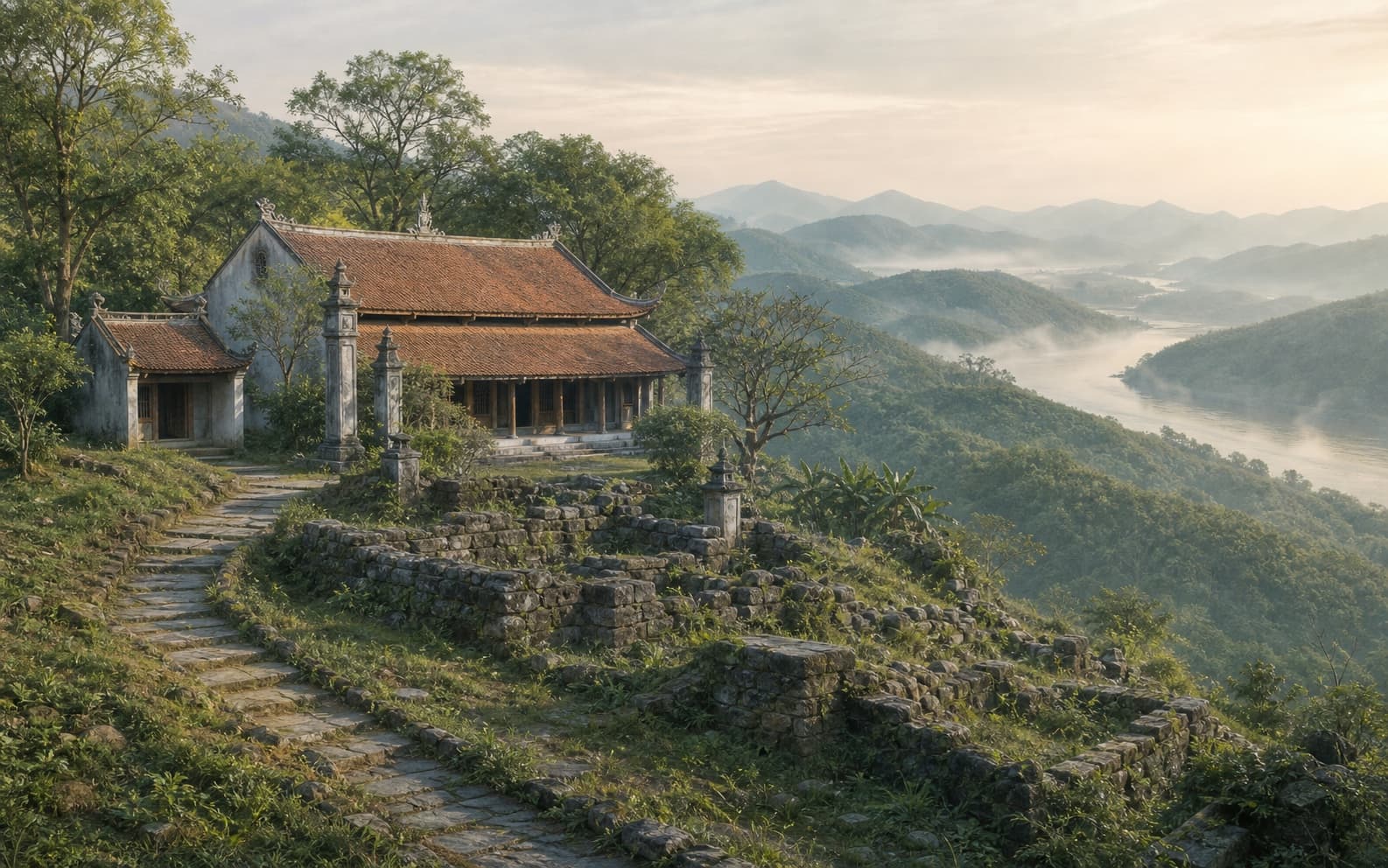 Minh họa chùa và dấu tích đá trên núi Am Vãi