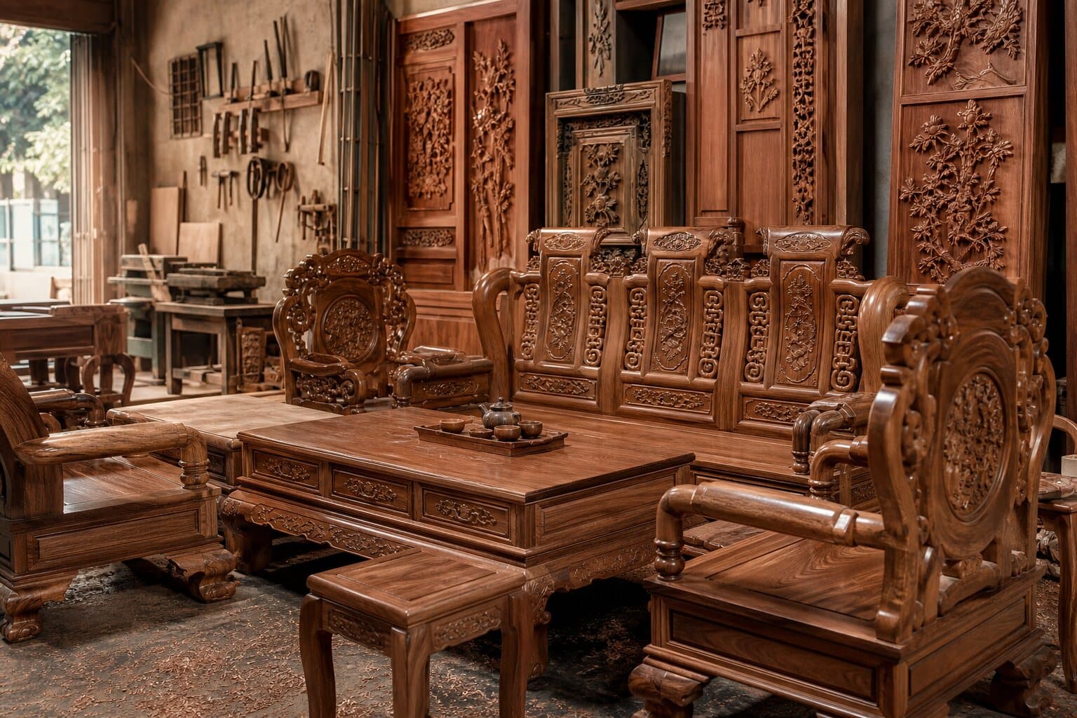 Minh họa bộ bàn ghế, tủ và mảng chạm gỗ mỹ nghệ Đồng Kỵ