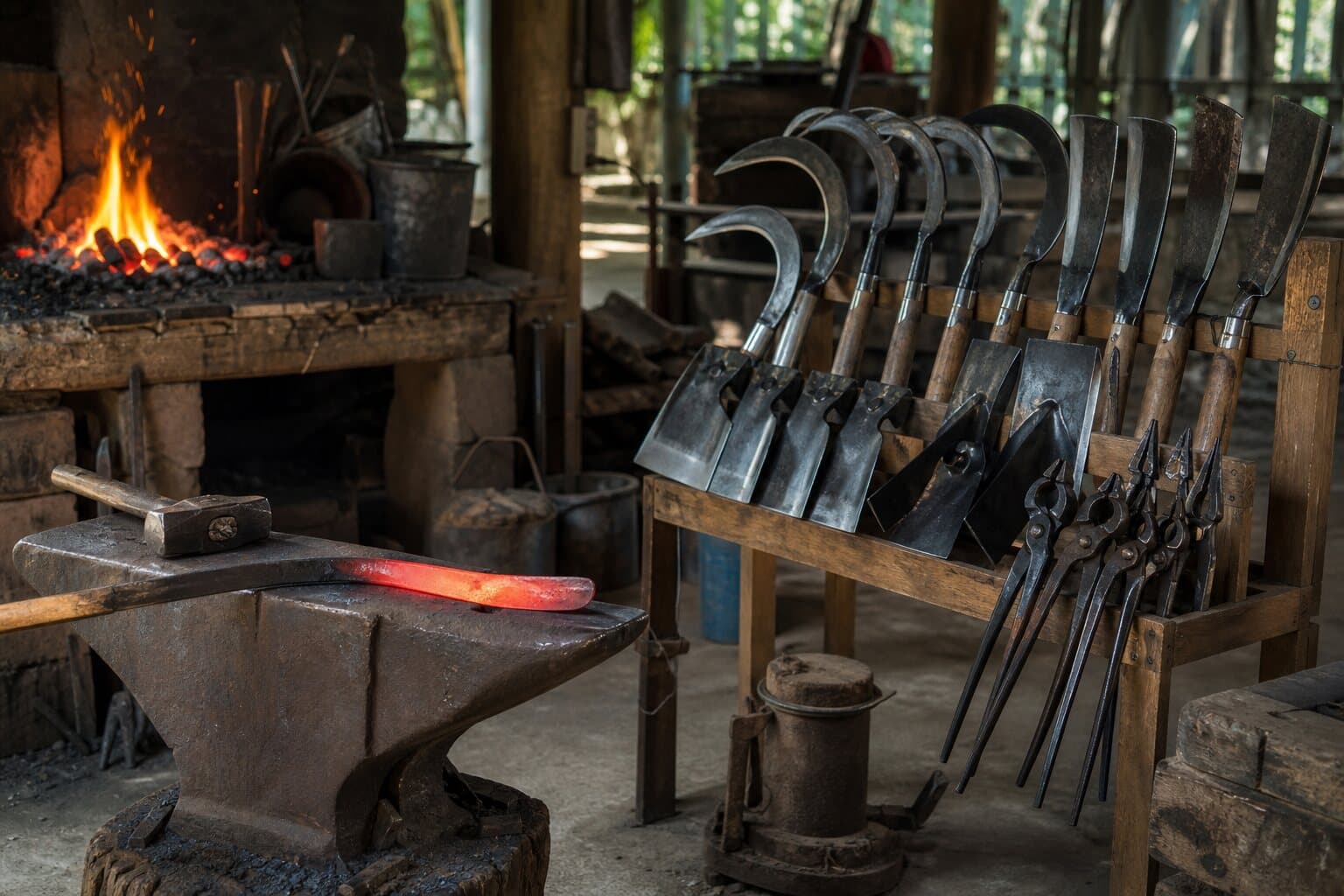 Minh họa lò rèn, búa và nông cụ gợi ký ức nghề rèn Đức Thắng