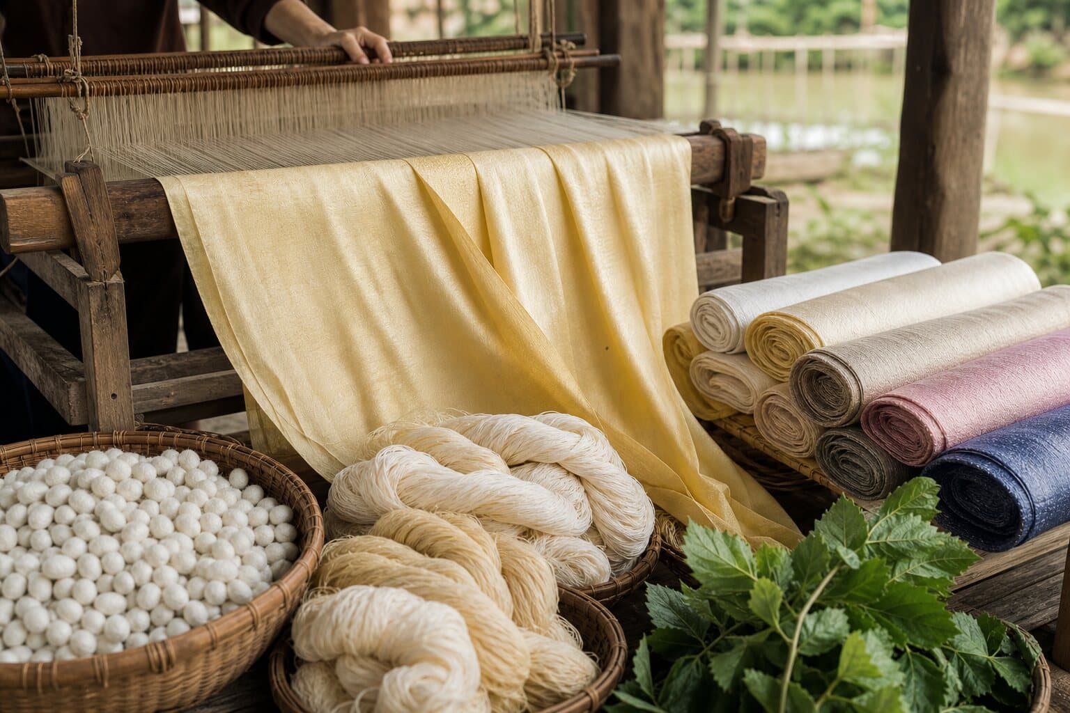Minh họa khung dệt, kén và vải tơ tằm Mai Thượng