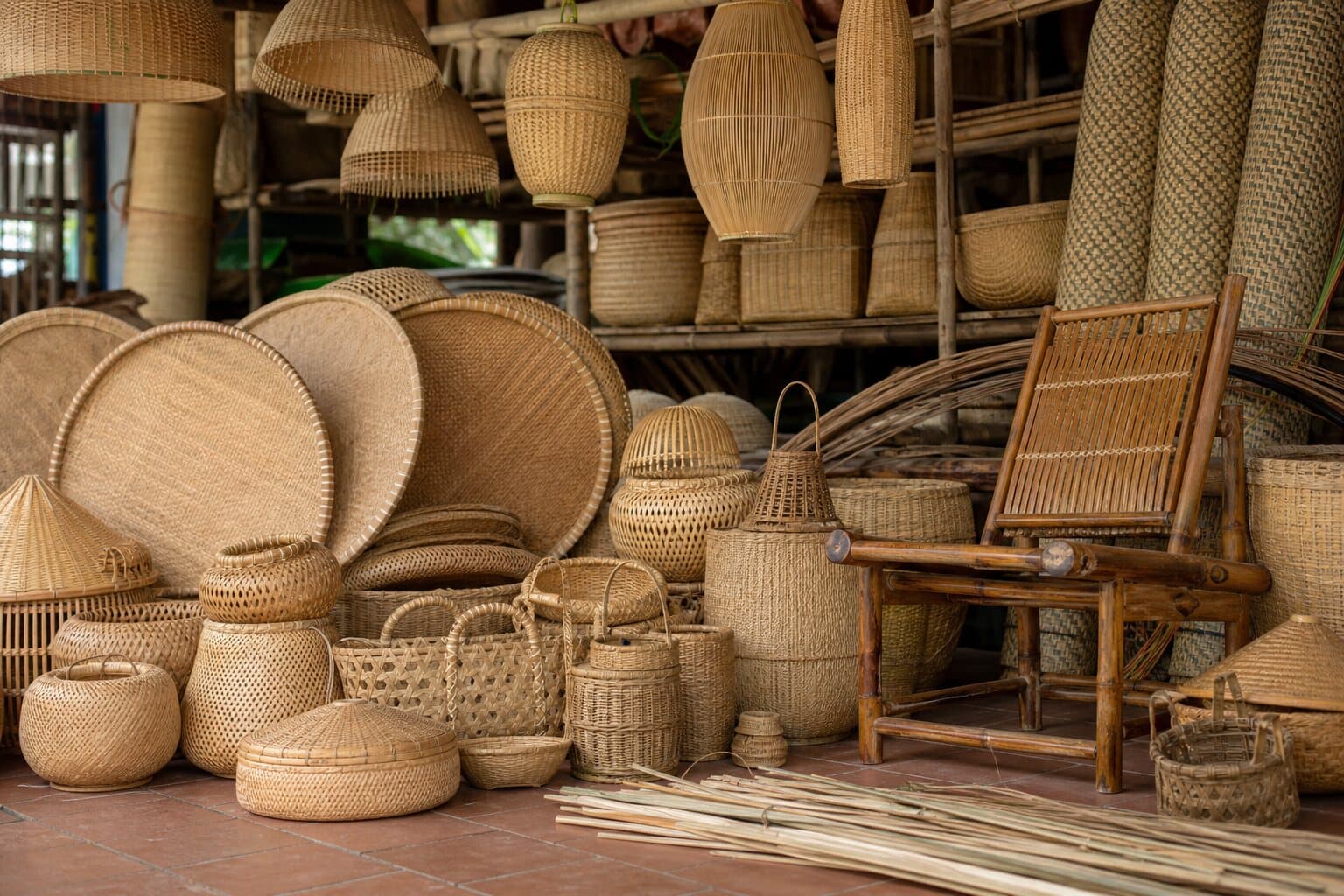 Minh họa giỏ, khay, ghế và đèn mây tre đan Tăng Tiến