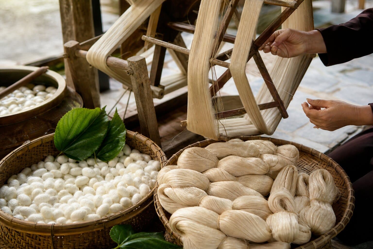 Minh họa kén tằm, guồng ươm và những bó tơ Vọng Nguyệt