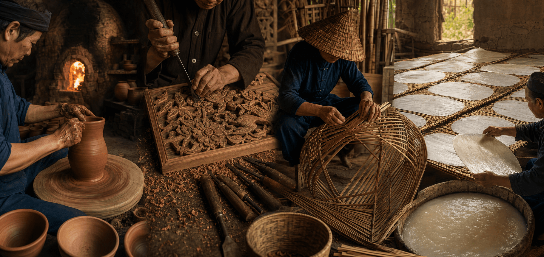 Minh họa người thợ xử lý và tạo khung bằng tre trúc