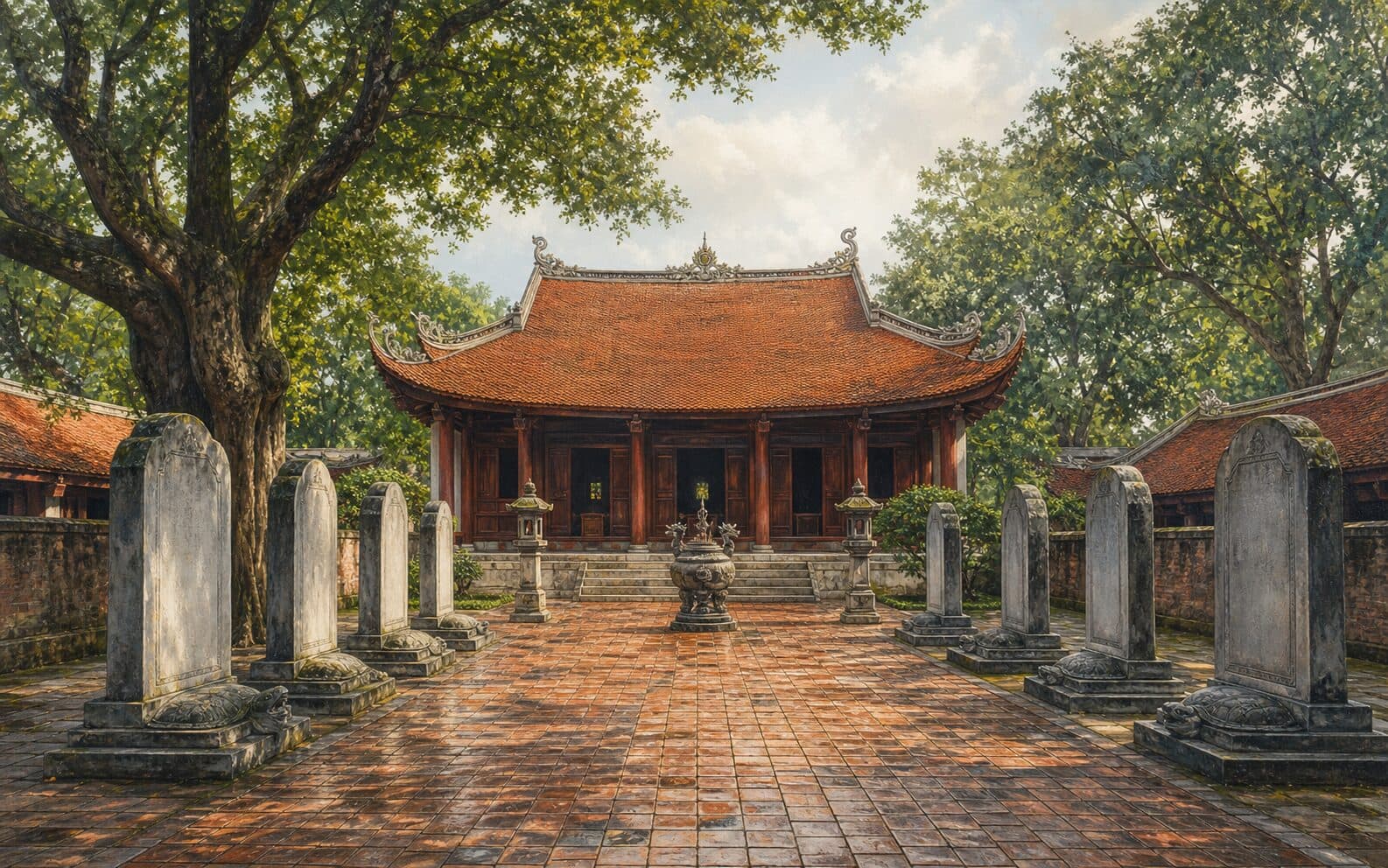 Minh họa Văn Miếu Bắc Ninh với sân gạch và hệ thống bia đá