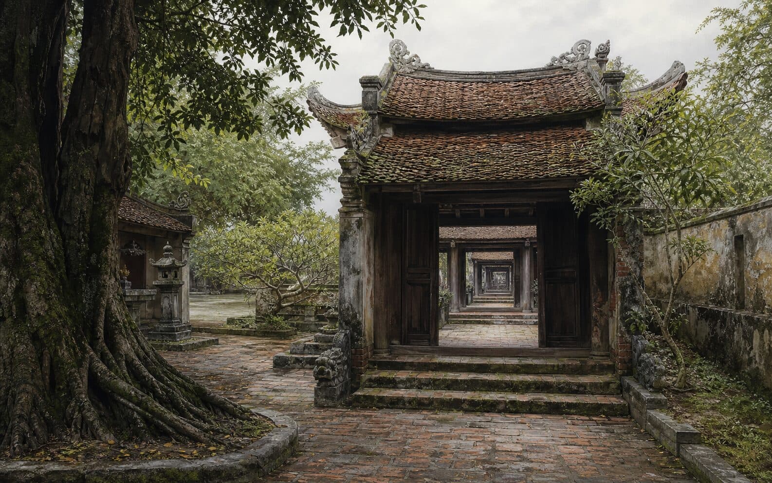 Minh họa hệ thống cổng và sân Chùa Bách Môn trên Khám Sơn