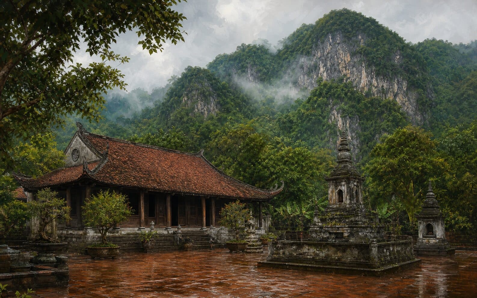Minh họa Chùa Kem và tháp mộ dưới chân dãy Nham Biền
