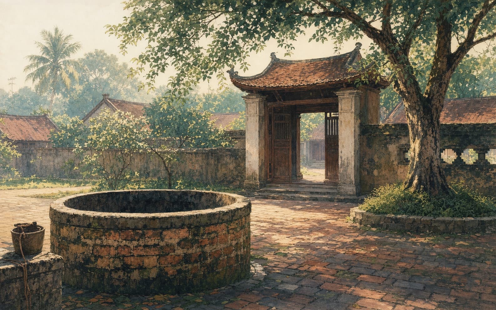 Minh họa biên tập một giếng cổ trong không gian làng Bắc Bộ, không phải ảnh tư liệu Đền Cùng – Giếng Ngọc