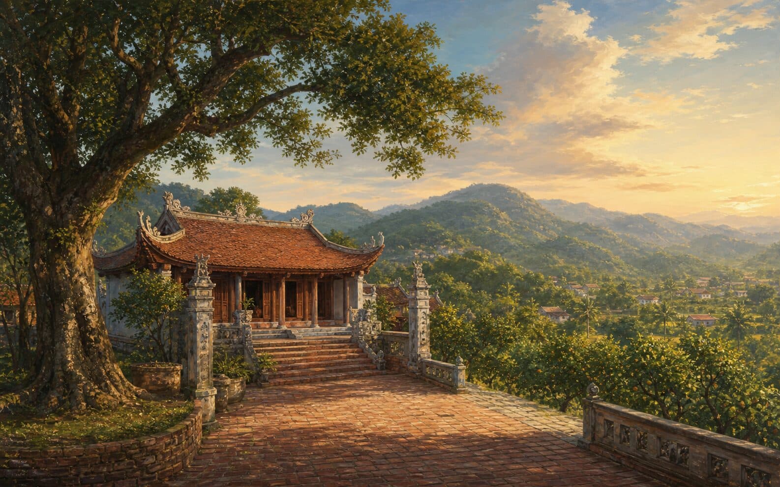 Minh họa Đền Hả tại Chũ giữa cảnh quan đồi và vườn cây