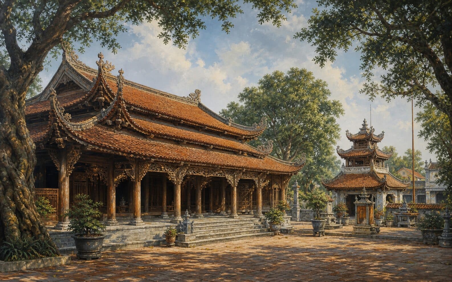 Minh họa đại đình và chùa Sàn trong không gian làng