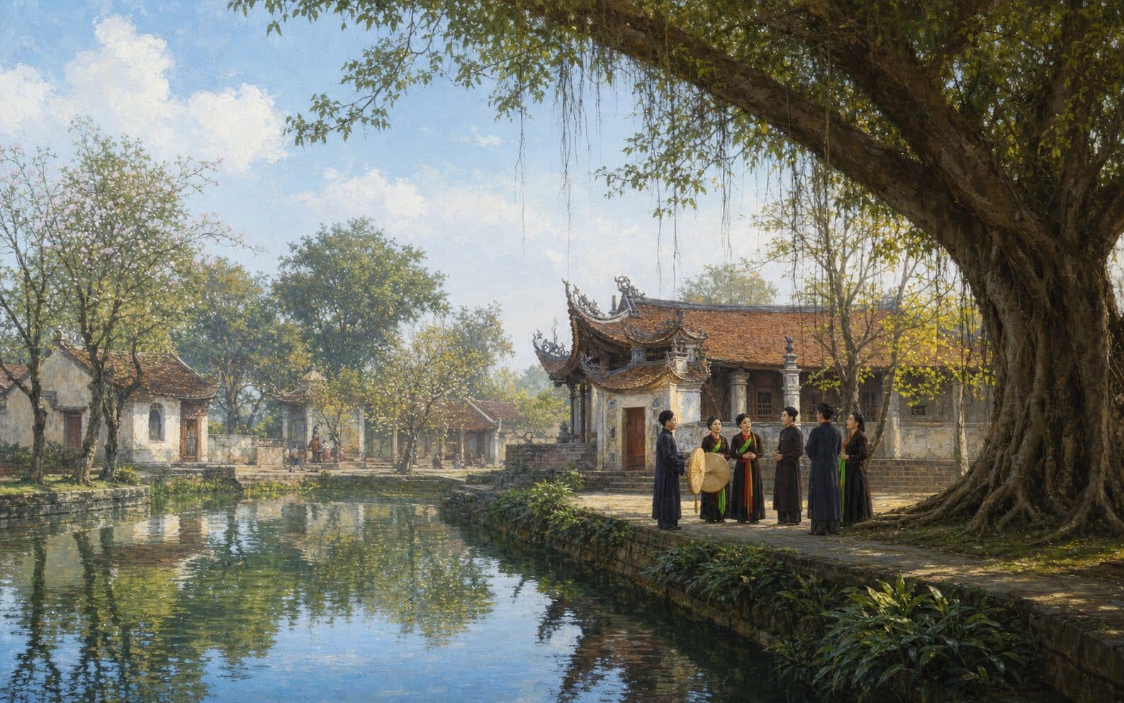 Minh họa không gian Làng Diềm với đình làng, cây đa và sinh hoạt quan họ