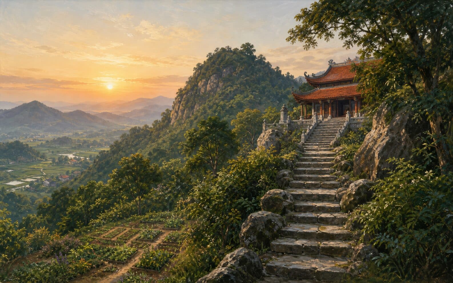 Minh họa đường bậc lên Đền Dành giữa cảnh quan núi