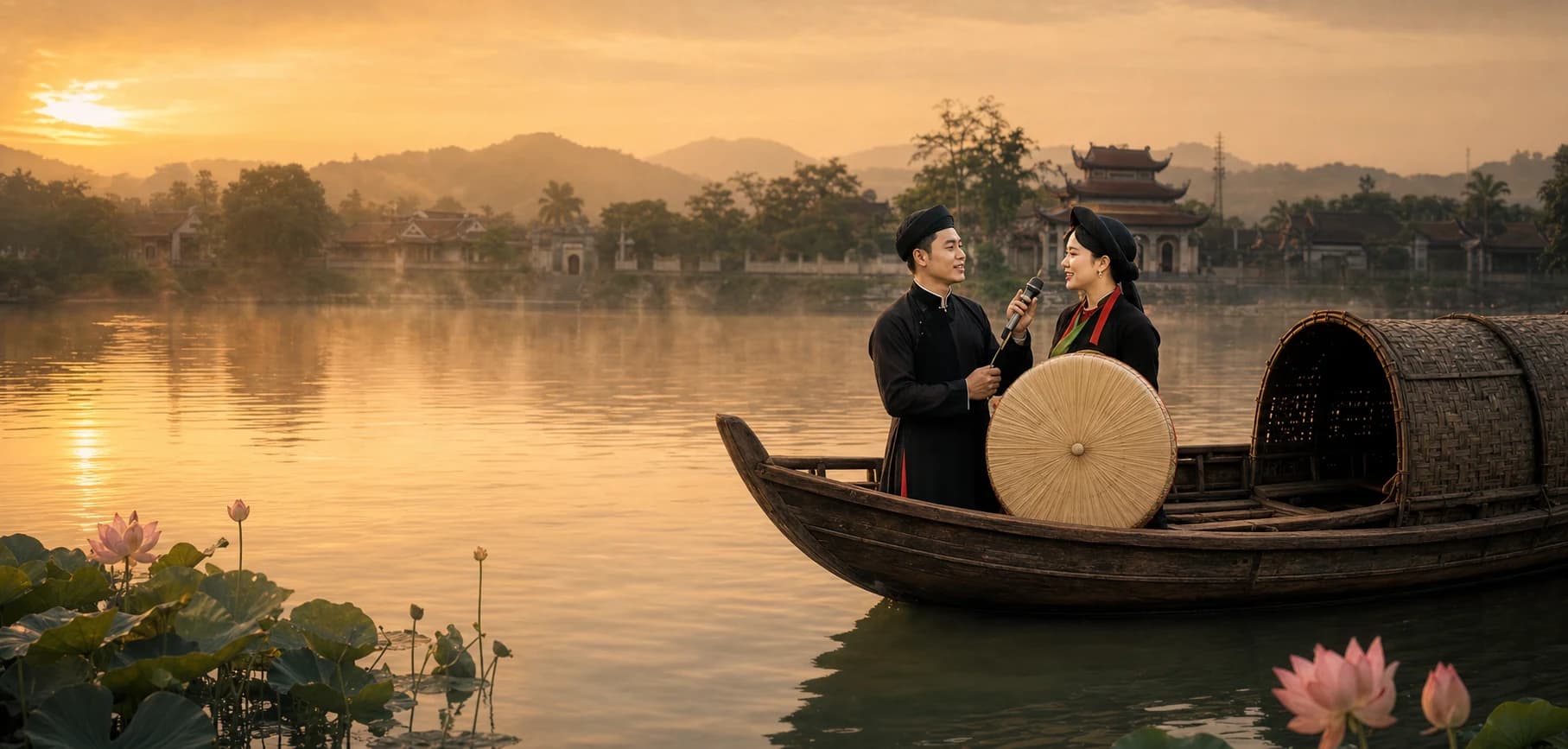 Liền anh, liền chị hát Quan họ trên thuyền giữa sông Cầu buổi sớm