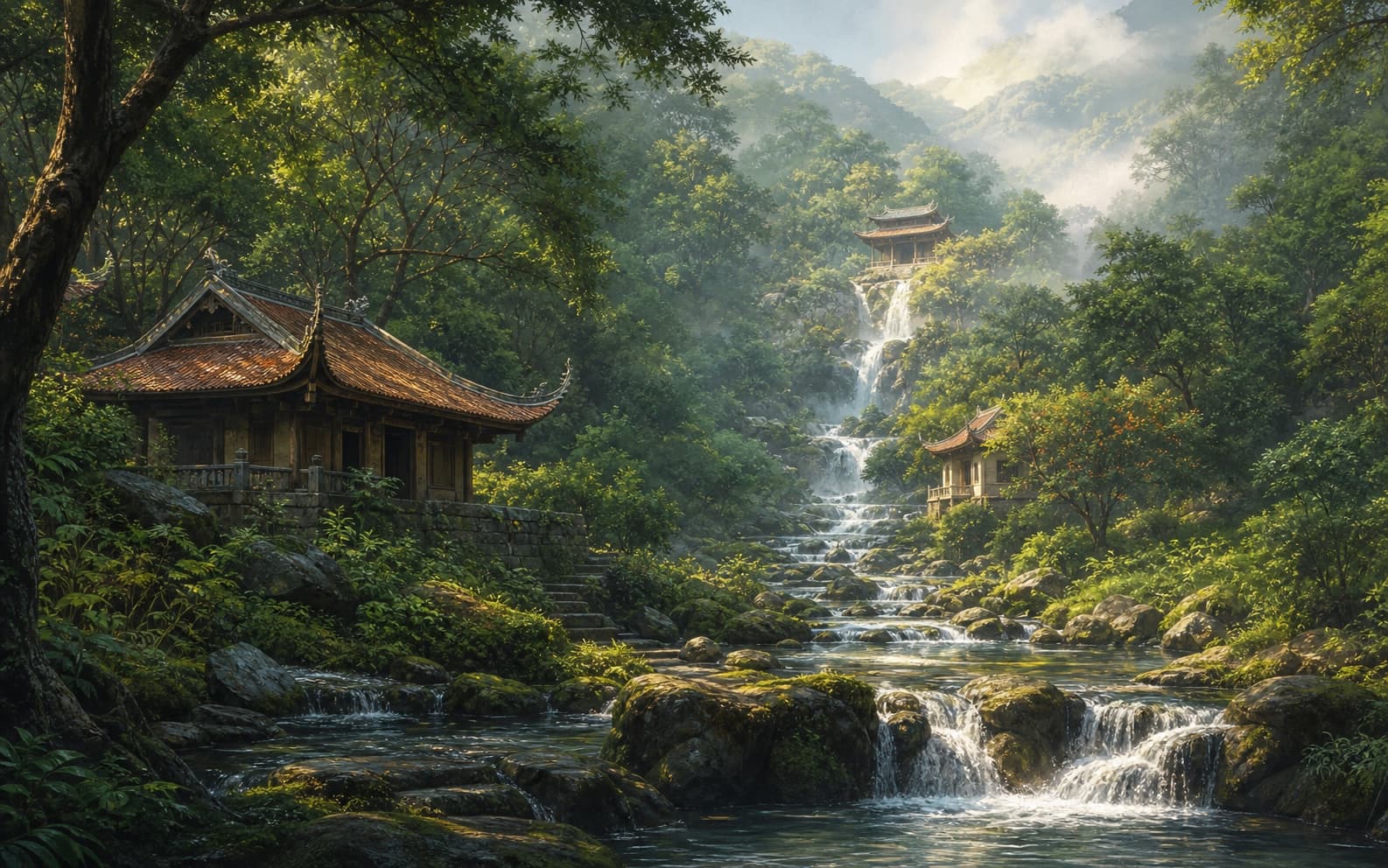 Minh họa cảnh quan suối thác và mái đền trong khu Suối Mỡ