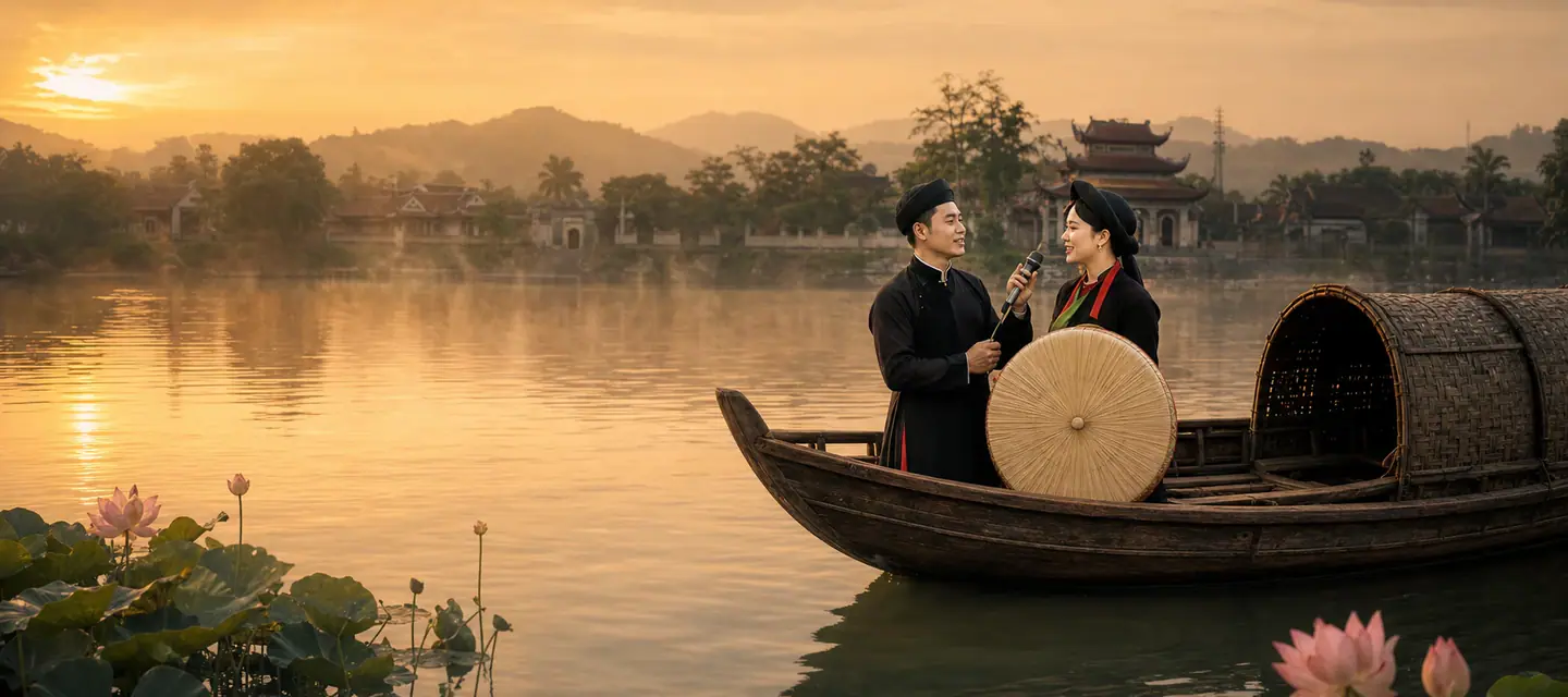 Liền anh, liền chị hát Quan họ trên thuyền trong khung cảnh hồ sen